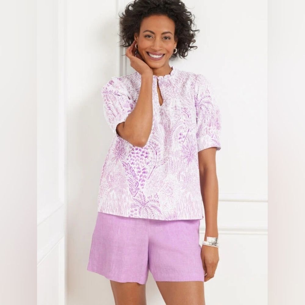 Talbot's Linen Blend Smocked Short Sleeve Top Blissful Meadow Print Size M